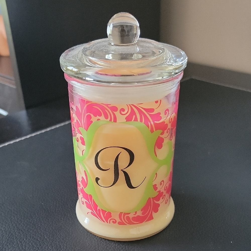 Vibrant Pink and Lime Green Glass Candle Holder with Elegant Monogram
